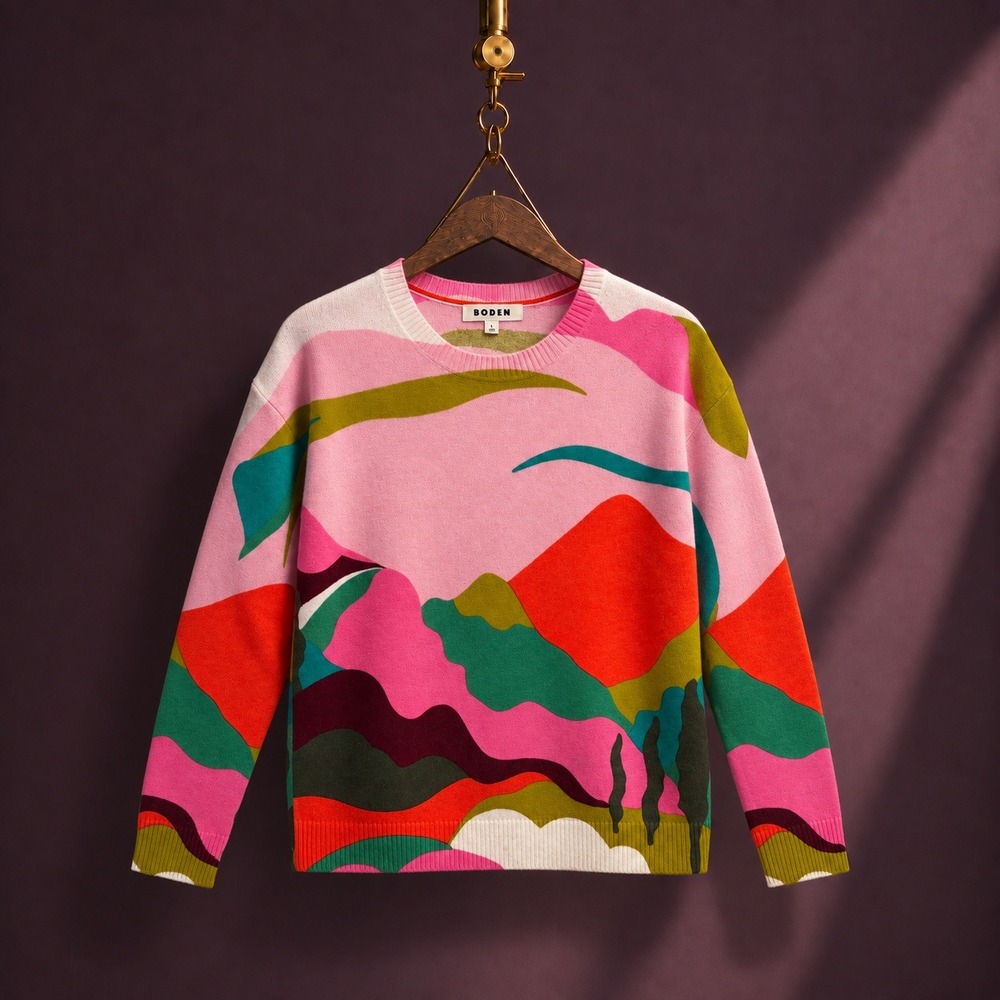 Boden Margot 100% Cashmere Dopamine Abstract Mtn Landscape Sweater Jumper Pink S